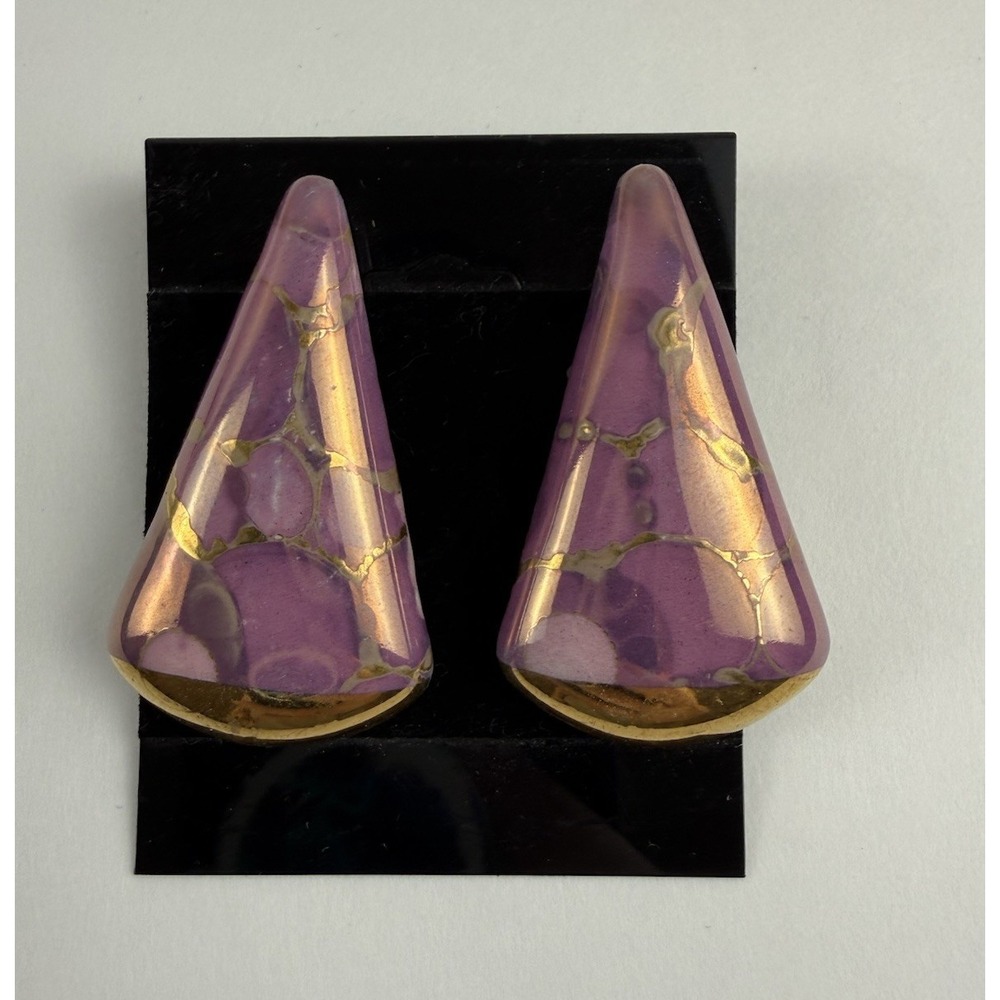 Vintage 80s Pink Gold Marbled Ceramic Triangle Statement Pierced Retro Earrings - Picture 2 of 9